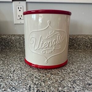 The Pioneer Woman | Stoneware Linen & Red Coloured Kitchen Utensil Crock